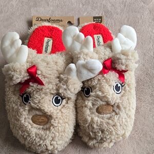 Dearfoams Womens 9-10 Mens 7-8 Reindeer Slippers - Tan and Red